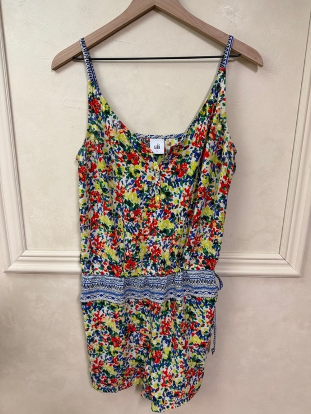 Cabi Fiesta Romper (Style #5261), featuring the vibrant "Devon Floral" print